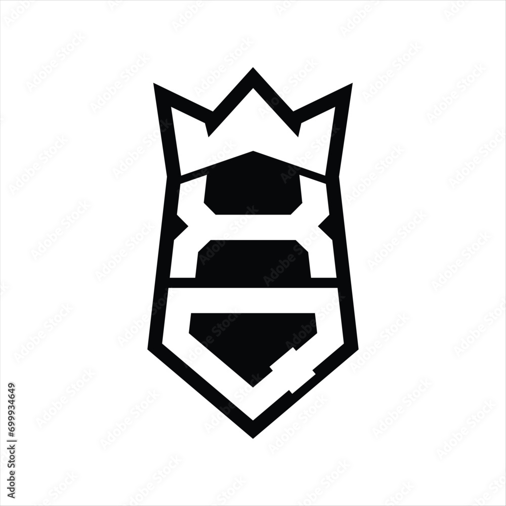 XQ Letter Logo monogram hexagon shield shape up and down with crown isolated style design XQ Letter Logo monogram hexagon shield shape up and down with crown isolated style design