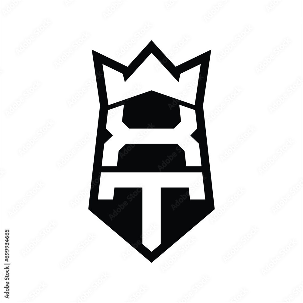 XT Letter Logo monogram hexagon shield shape up and down with crown isolated style design XT Letter Logo monogram hexagon shield shape up and down with crown isolated style design