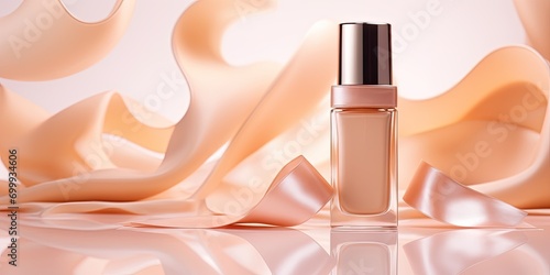 product mockup, A bottle of liquid foundation is scattered in the picture like a ribbon of liquid foundation. The background is bright and soft light.  photo