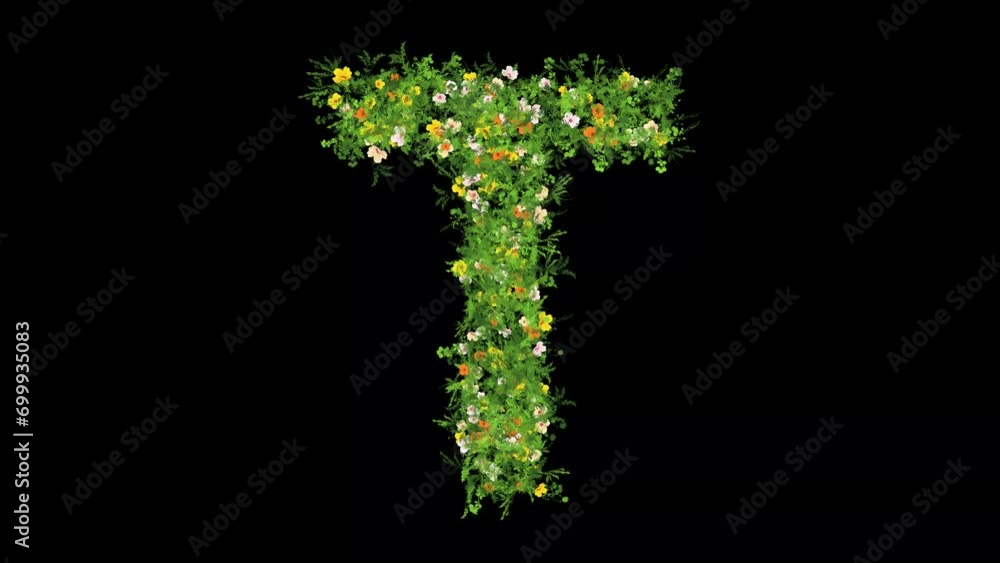 English alphabet T with grass and colorful flowers on plain black background English alphabet T with grass and colorful flowers on plain black background