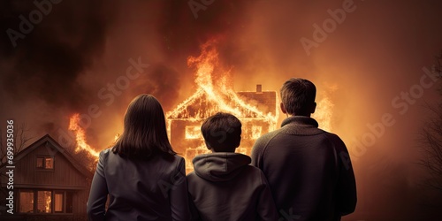 Family mother with children at burning house fire accident background
 photo