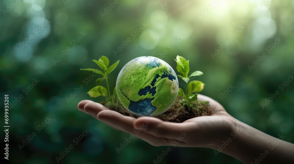 Hand hold globe with nature. ESG, Environment Social Governance. Reducing co2. Net Zero. Sustainable. ethical. Business organizational development. renew resource reduce. Generative AI Hand hold globe with nature. ESG, Environment Social Governance. Reducing co2. Net Zero. Sustainable. ethical. Business organizational development. renew resource reduce. Generative AI