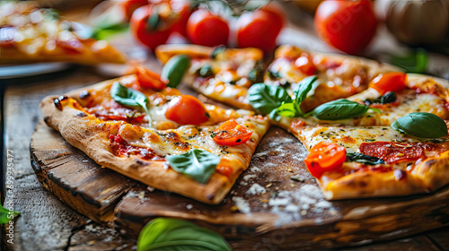 Pieces of pizza of different various types on old retro boards banner concept photo