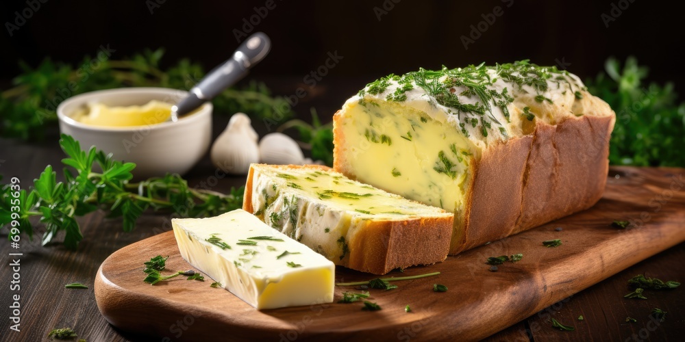 A delicious fresh-baked loaf served with homemade butter, nicely flavored with a selection of fine herbs. copy space 