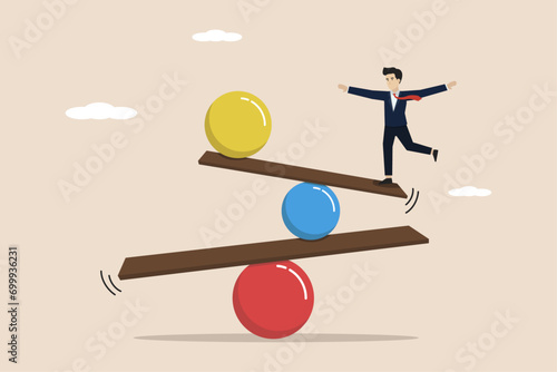 Work life balance, equality or weight between working for money and life happiness, health, success and healthy lifestyle concept,smart businessman strikes a balance.