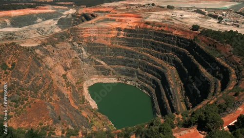 drone shot of an abandoned mine pit in the foreground and a mining site in the background in Western Australia photo