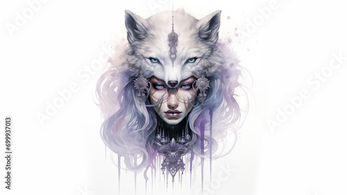a werewolf priestess with headress staring off into the distance, feminine facial features, soft eyes, closeup of face, white background © Xabi