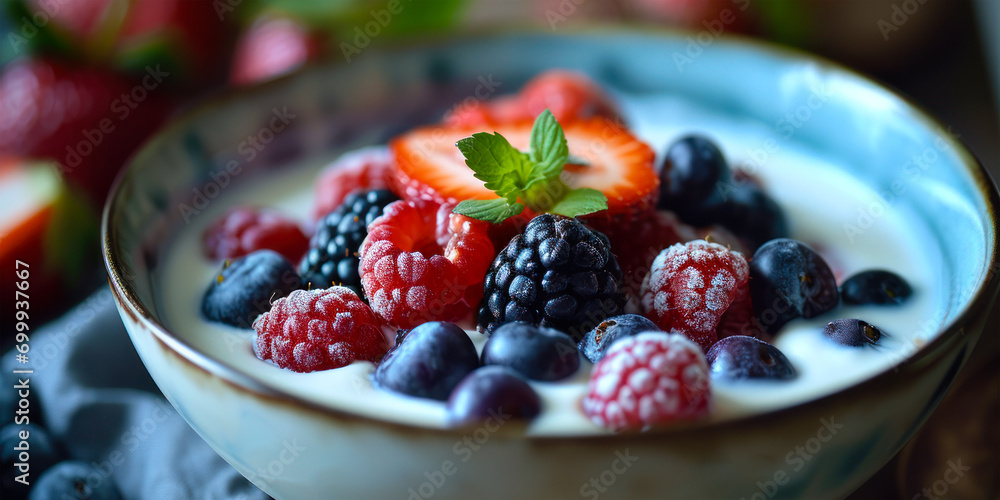 Berry Parfait with Cream in Ceramic Bowl. Berry Parfait with Cream in Ceramic Bowl.