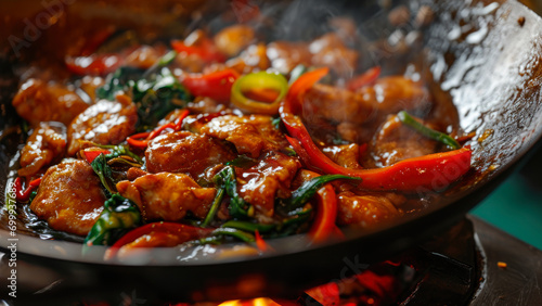 Spicy Chicken Stir-Fry in Traditional Wok.