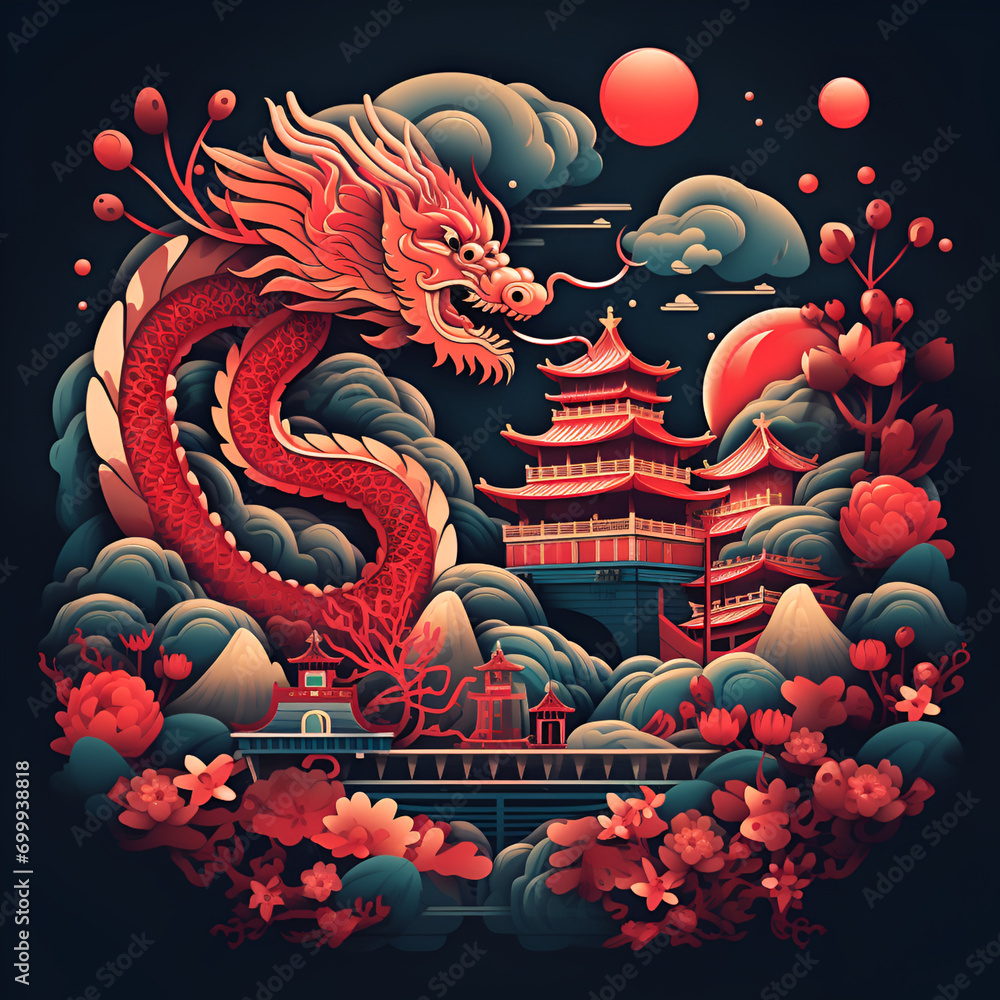 Chinese new year vector illustration. Traditional Chinese house, dragon, water, land and air.