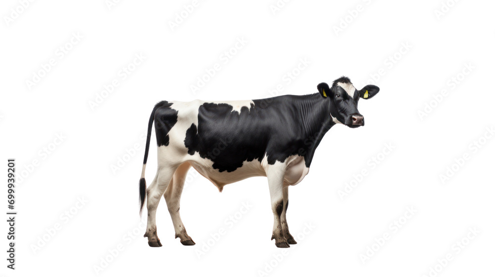 Cow white black bent eat on field in farm isolated on transparent and white background.PNG image.