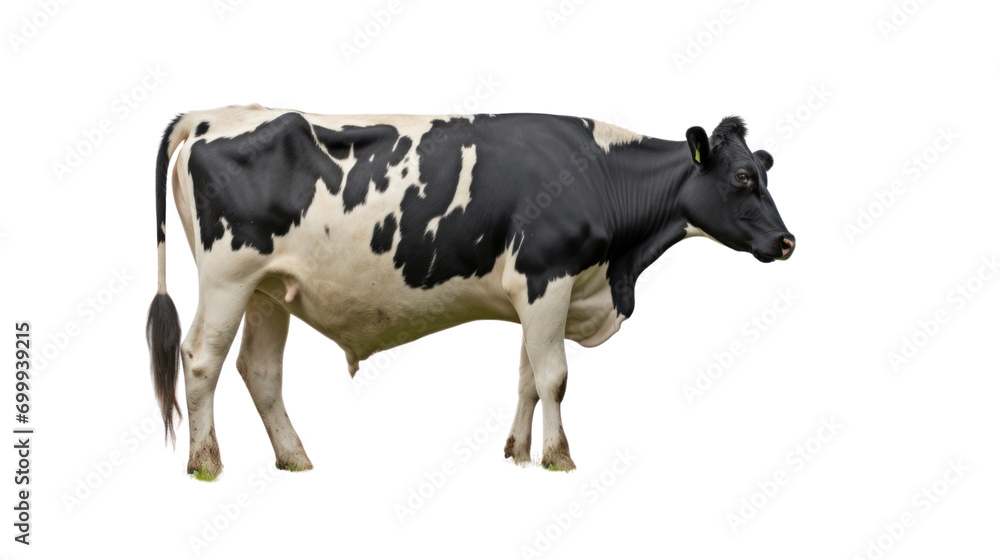 Cow white black bent eat on field in farm isolated on transparent and white background.PNG image.