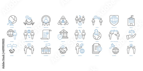 Diplomacy icons set. Set of editable stroke icons.Vector set of Diplomacy
