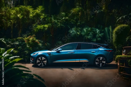 "Electric car parked in a serene garden setting"