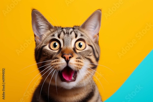 Crazy surprised cat makes big eyes close-up on a colored background