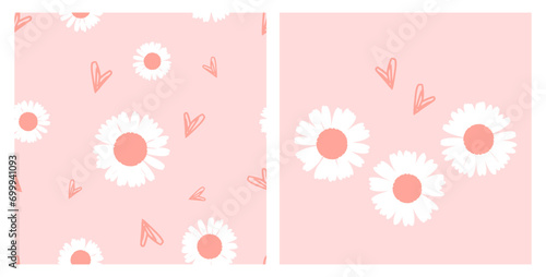 Seamless pattern with daisy flower and hand drawn hearts on pink background. Daisy and heart icon sign vector.