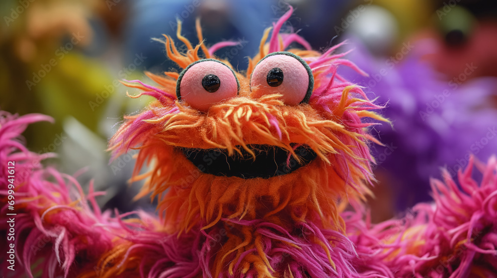 Fuzzy orange puppet with a big smile.