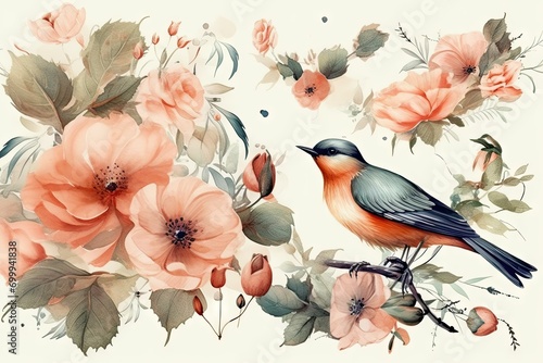  style vintage bird flowers watercolor Collection