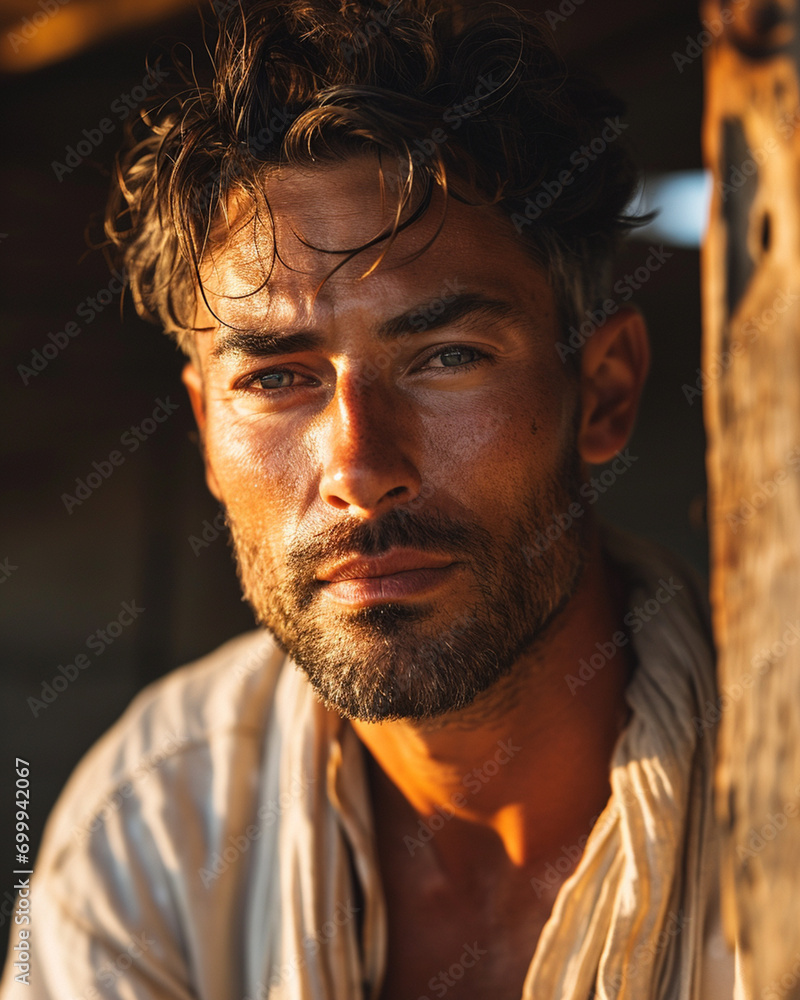 Ultra-Detailed Portrait of a Handsome Model Man, Capturing Exquisite Details Amidst the Warm Glow of a Mesmerizing Sunset