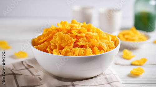 Delicious cornflakes for Breakfast in a white bowl on a light background