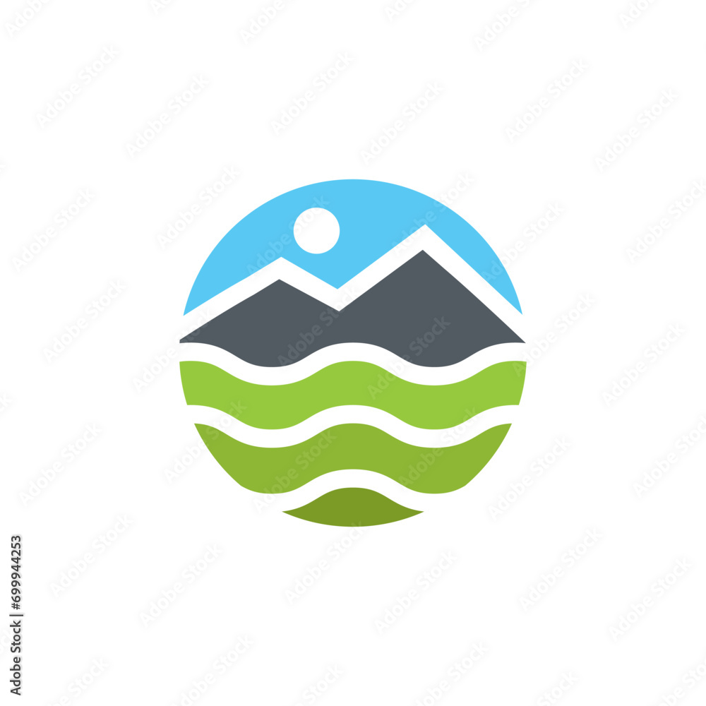 mountain,sun and field circular logo design for outdoor adventure mountain,sun and field circular logo design for outdoor adventure