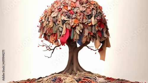 An ilration of a tree made of recycled fabric ss with the message Fashion with a conscience sustainable and stylish. . photo