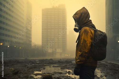 Man in a yellow protective suit gas mask  protects from harmful gas pollution  apocalypse background