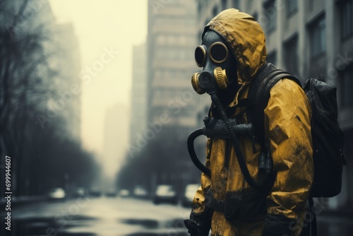 Man in a yellow protective suit gas mask, protects from harmful gas pollution, apocalypse background photo