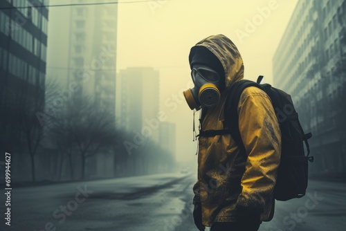 Man in a yellow protective suit gas mask, protects from harmful gas pollution, apocalypse background