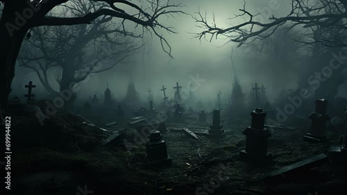 Dark foreboding trees tower around an eerie fogshrouded graveyard the eerie sound of a distant poltergeist calling out in the dead silence. photo