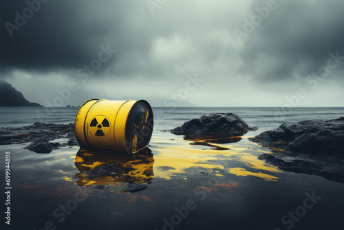 Illustration of disposing of radioactive waste in the sea using yellow barrels