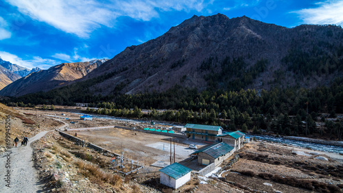 Chitkul or Chhitkul located on right bank of Baspa River is the last village of India on the Indo Tibet border in Kinnaur district of Himachal Pradesh, India photo