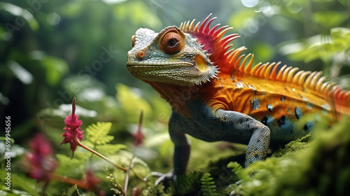 A hyper-realistic, vibrant close-up shot of a lizard in a forest