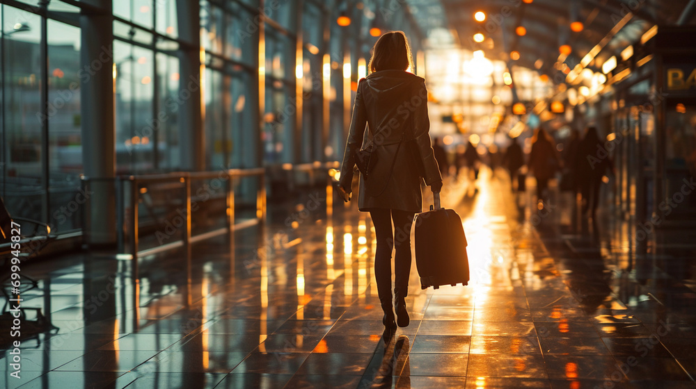 Back View of a Traveling Businesswoman in an Airport, Silhouetted Against a Blue Background with the Warm Glow of Sunset.