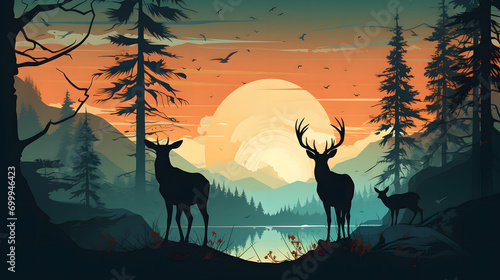 Silhouette twilight forest landscape background. Generative AI