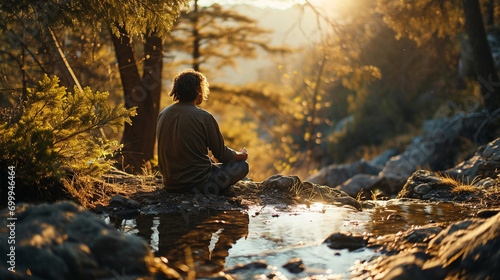 Man Practicing Yoga and Meditation in a Riverside Forest, Embracing Relaxation and Inner Peace Amidst Nature's Serene Ambiance