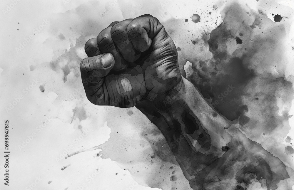 Black and white watercolor illustration of a raised fist symbolizing protest, revolution, and empowerment.