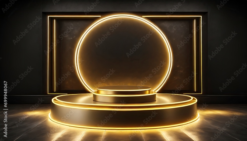 A gold color neon light of the podium at dark background for product display.