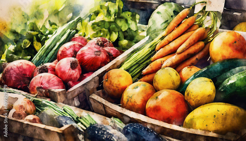 Market with vegetables  onions  carrots  cucumbers  close-up  watercolor