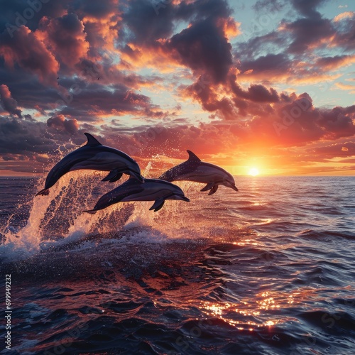 A Group of Playful Dolphins Leaping out of the Ocean in the Sunset - Stunning Orange and Purple Sunset Backdrop - Dolphins playing with each Other Background created with Generative AI Technology