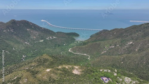 Aerial drone skyview of Hong Kong-Zhuhai-Macao Bridge at Chek Lap Kok Lantau Island near Tung Chung Tuen Min,is the longest bridge-cum-tunnel sea crossing in the world photo