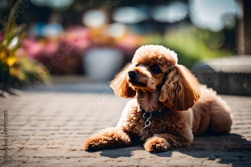 Toy poodle resting on concrete floor at the park