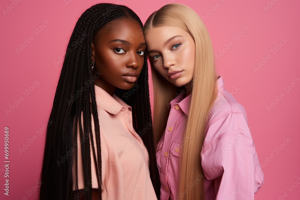 fashionable Two young multiracial women posing together isolated on pink background fashionable Two young multiracial women posing together isolated on pink background