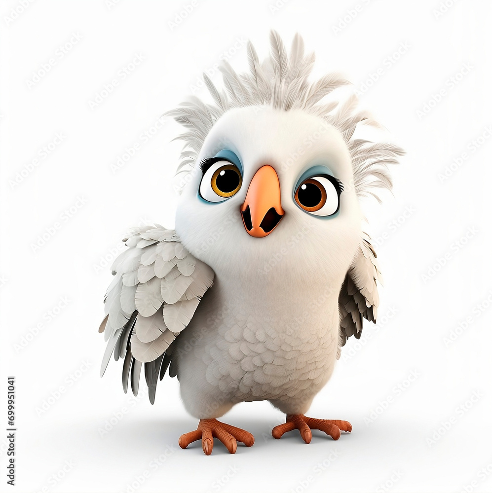 3D cute white parrot smiling. 3D children's illustration for sticker print and design. 3D cute white parrot smiling. 3D children's illustration for sticker print and design.