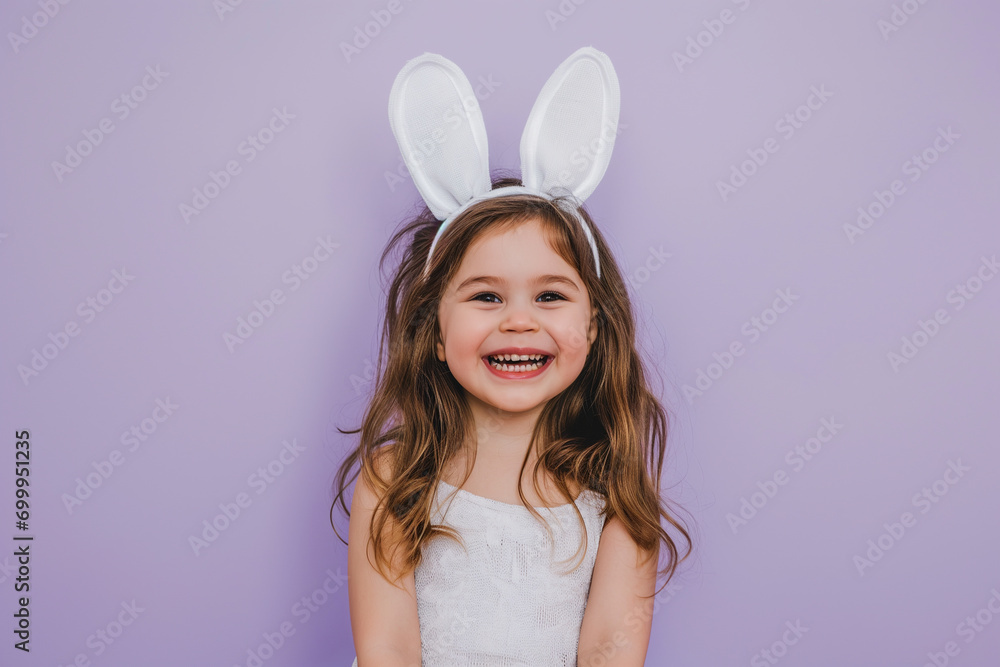 little smiling girl with artificial bunny ears on her head on a purple background, Easter mood little smiling girl with artificial bunny ears on her head on a purple background, Easter mood