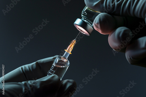 a hand in a medical glove draws liquid from an ampoule from a syringe with a needle photo