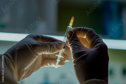 hands in medical gloves holding an injection syringe photo
