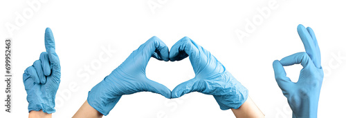 Medical hands gesturing set. Finger pointing up, showing OK, making heart, set isolated on white photo