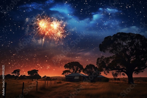 Fireworks over Australian countryside at night. 3D Rendering.