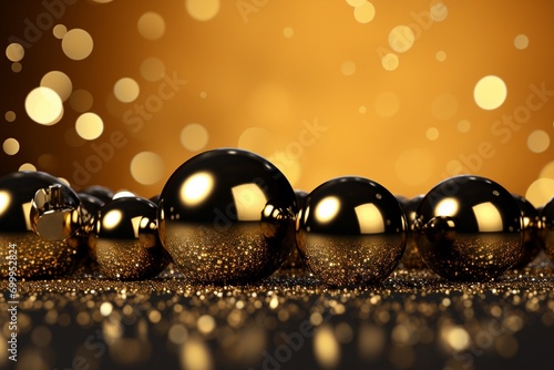 Merry Christmas and Happy New Year background with golden and black balls. 